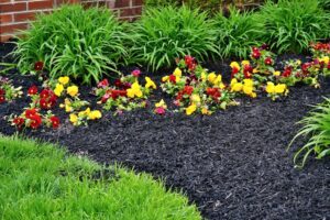 Black mulch installation around flower bed